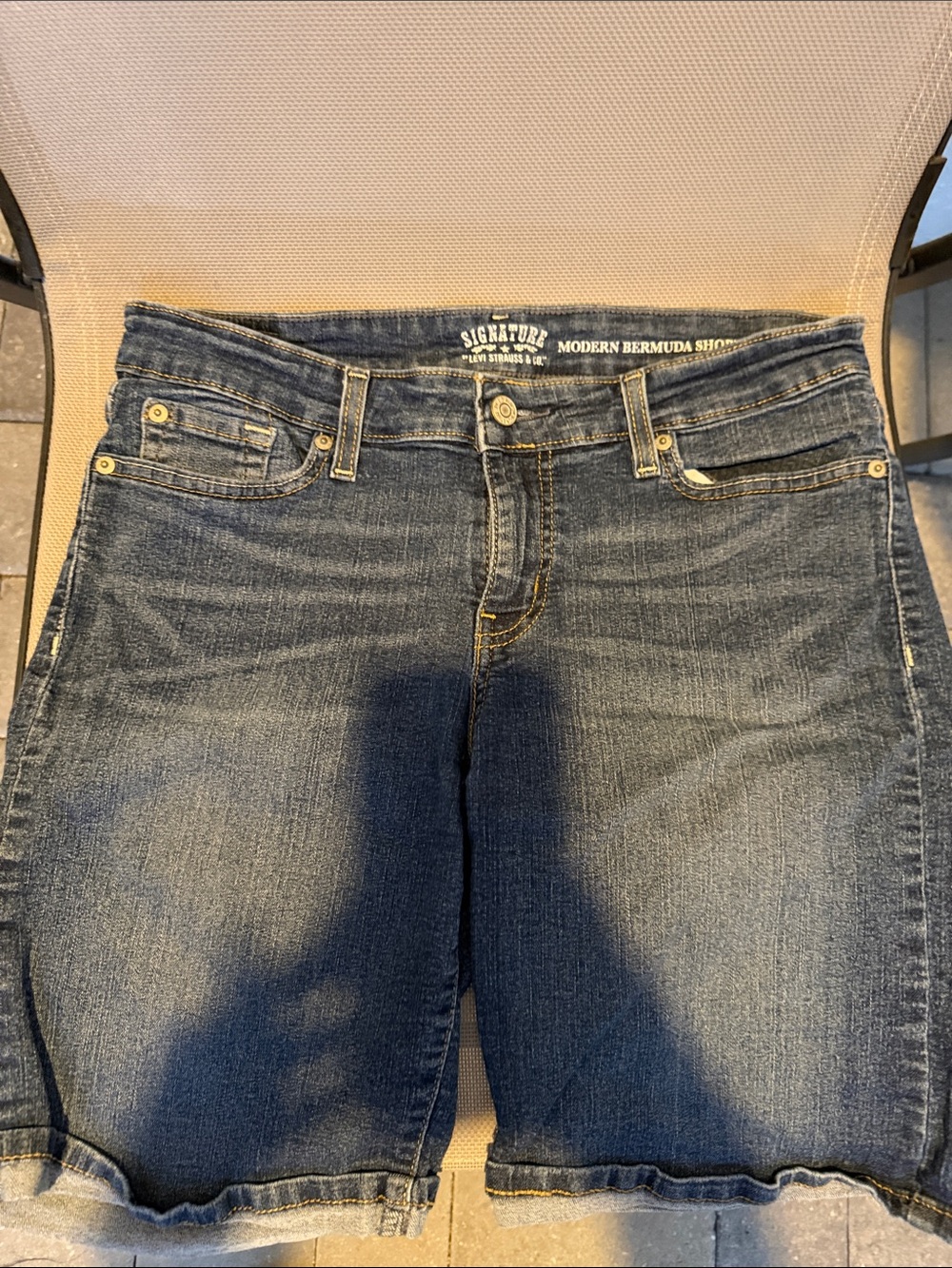 Signature Dark Blue High-Rise Bermuda Jean Shorts